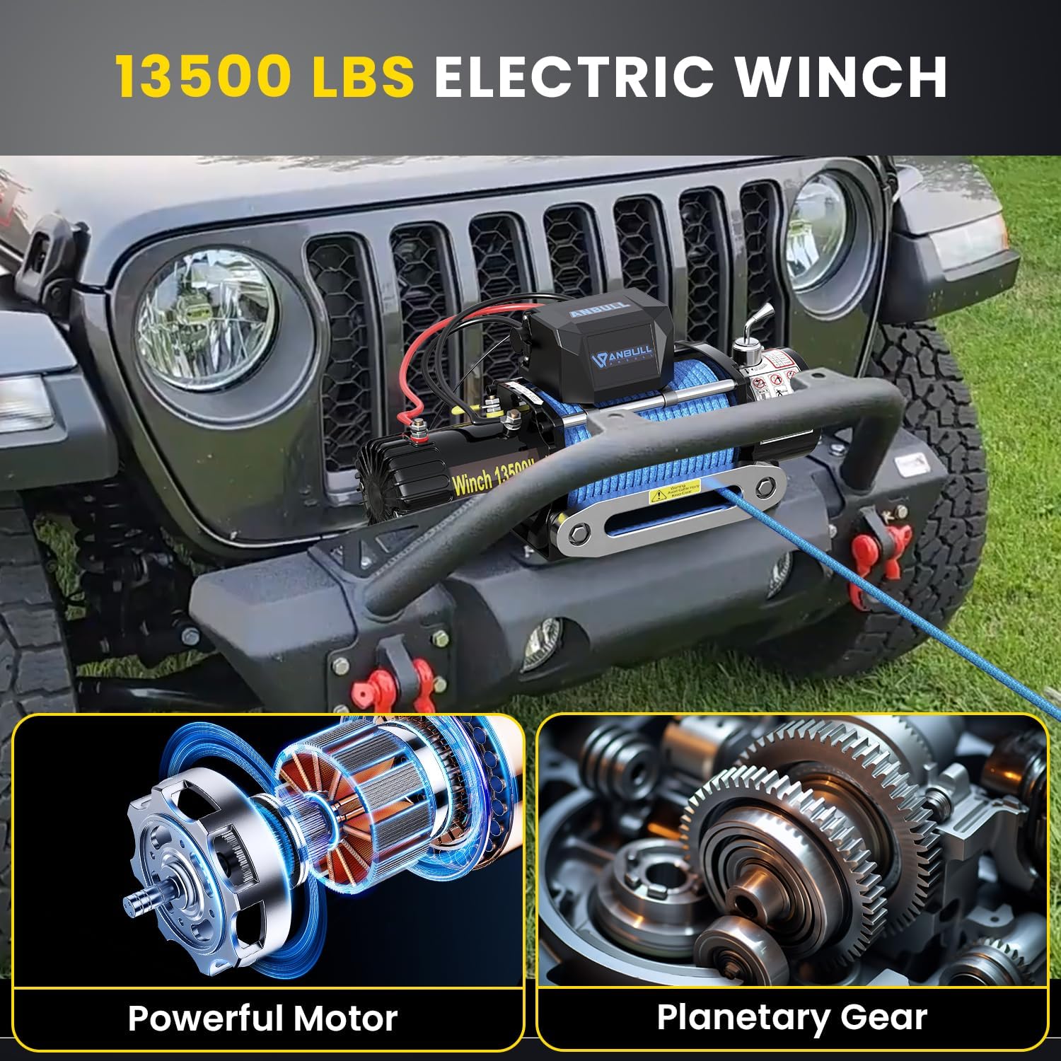 Anbull Treuil électrique 12V 13 500 LBS/ 6136 Kg, Corde Synthétique 9.5mm*26m, IP67 étanche, Compatible pour 4X4, Quad, Franchisseur, 4X4 Tout terrain, Jeep, Toy, Remorque pour Bateau